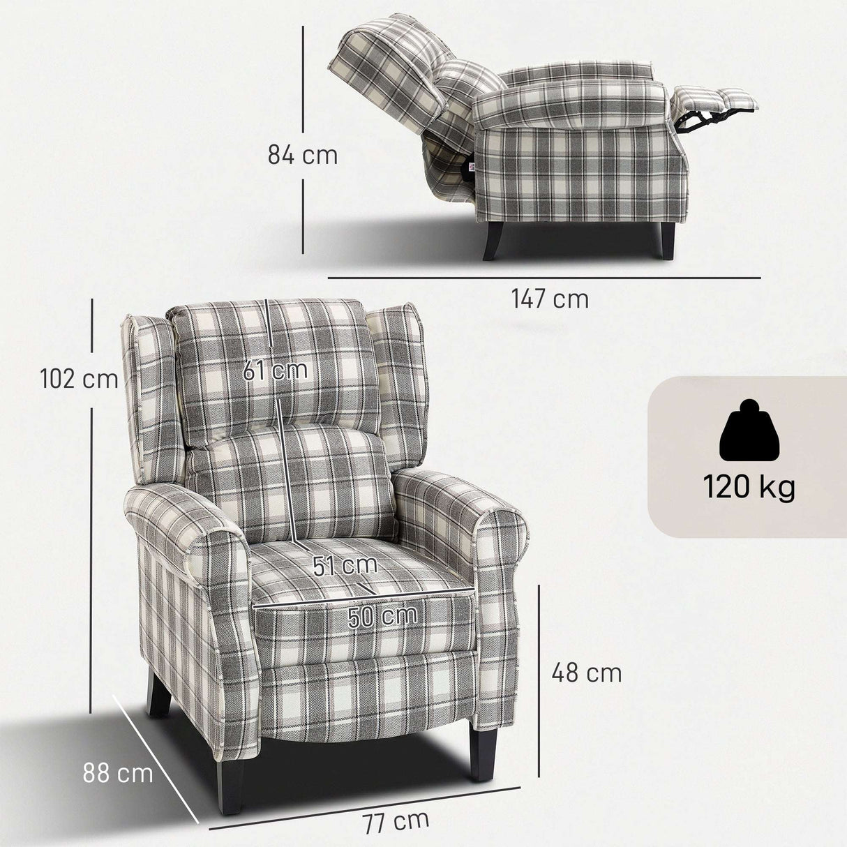 Comfortable reclining armchair by Wise Galleria in stylish plaid design with adjustable backrest