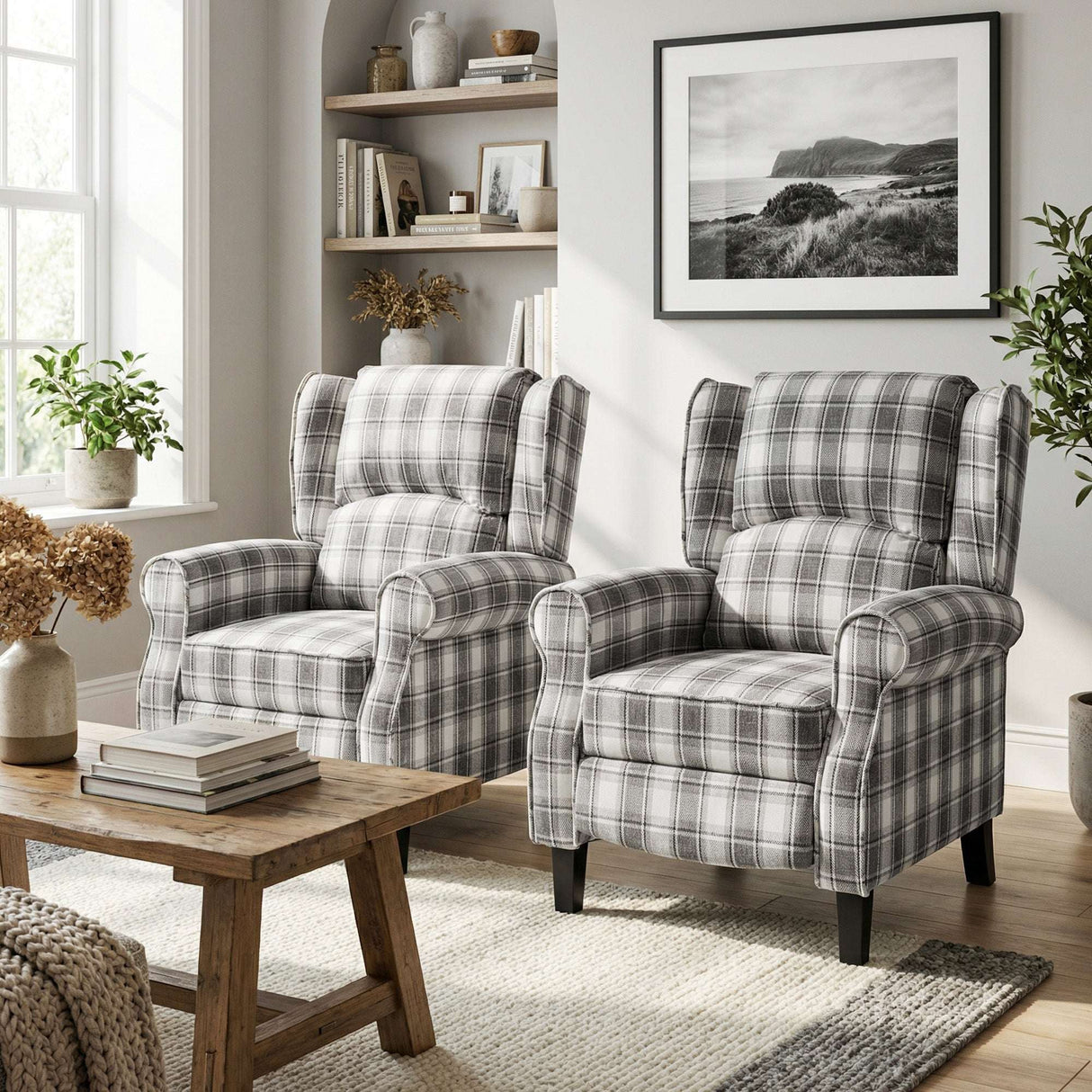 Wise Galleria Reclining Armchair in grey plaid design, perfect for comfort and style in living rooms