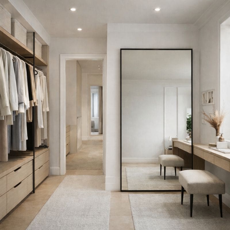 Large Rectangle Mirror by Jobu Home in a stylish dressing room setting