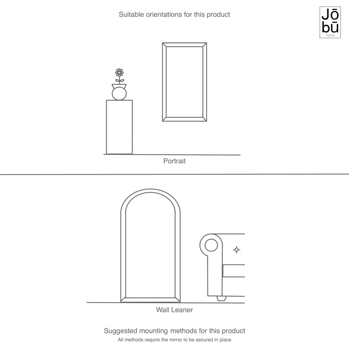 Rectangle Mirror by Jobu Home illustrating portrait and wall-leaning orientations for versatile decor