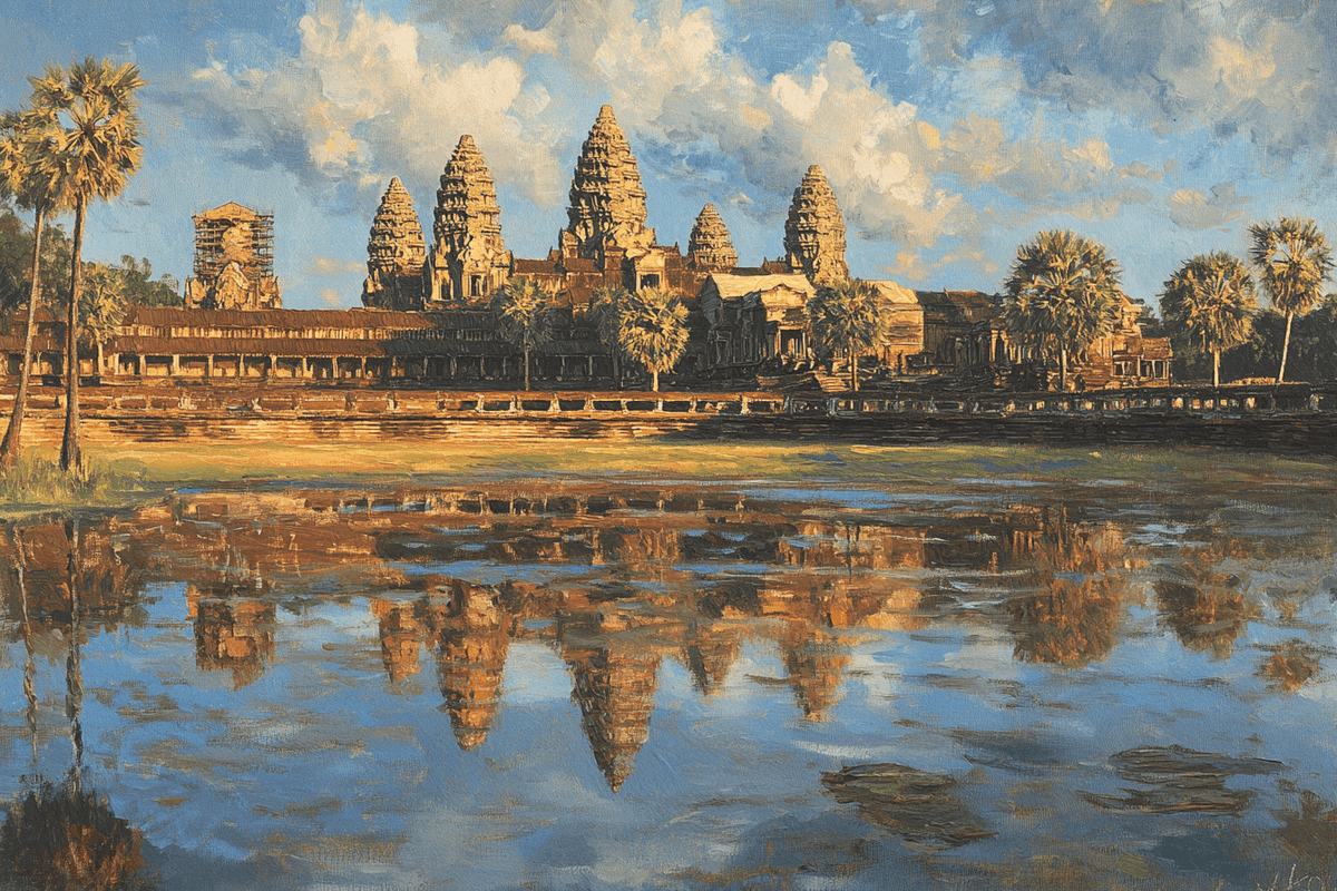 HOME ART HAVEN Throw Blanket featuring a scenic view of Angkor Wat with reflections in calm water
