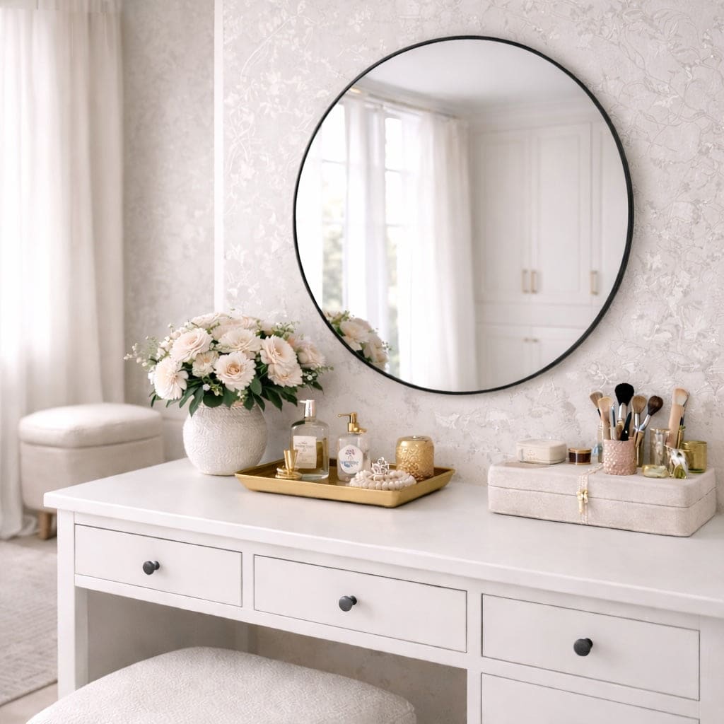 Elegant Circle Mirror by Jobu Home above a stylish vanity table with flowers and makeup accessories