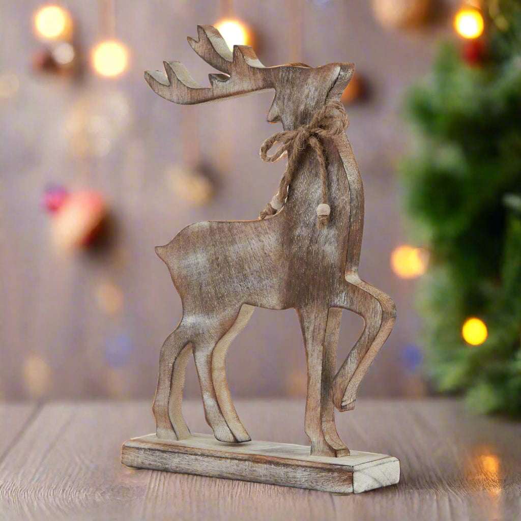 White Wash Collection Wooden Reindeer Decoration BROWN WOOD Shades 4 Seasons