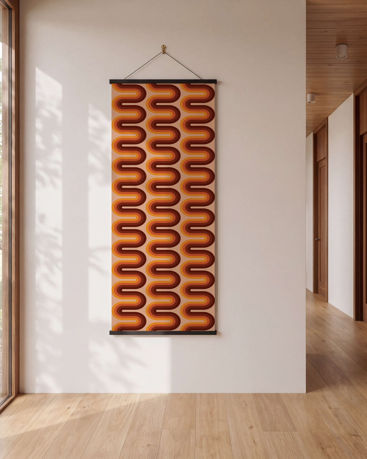 Printworks contemporary tapestry featuring a bold orange and brown wave pattern for modern home decor
