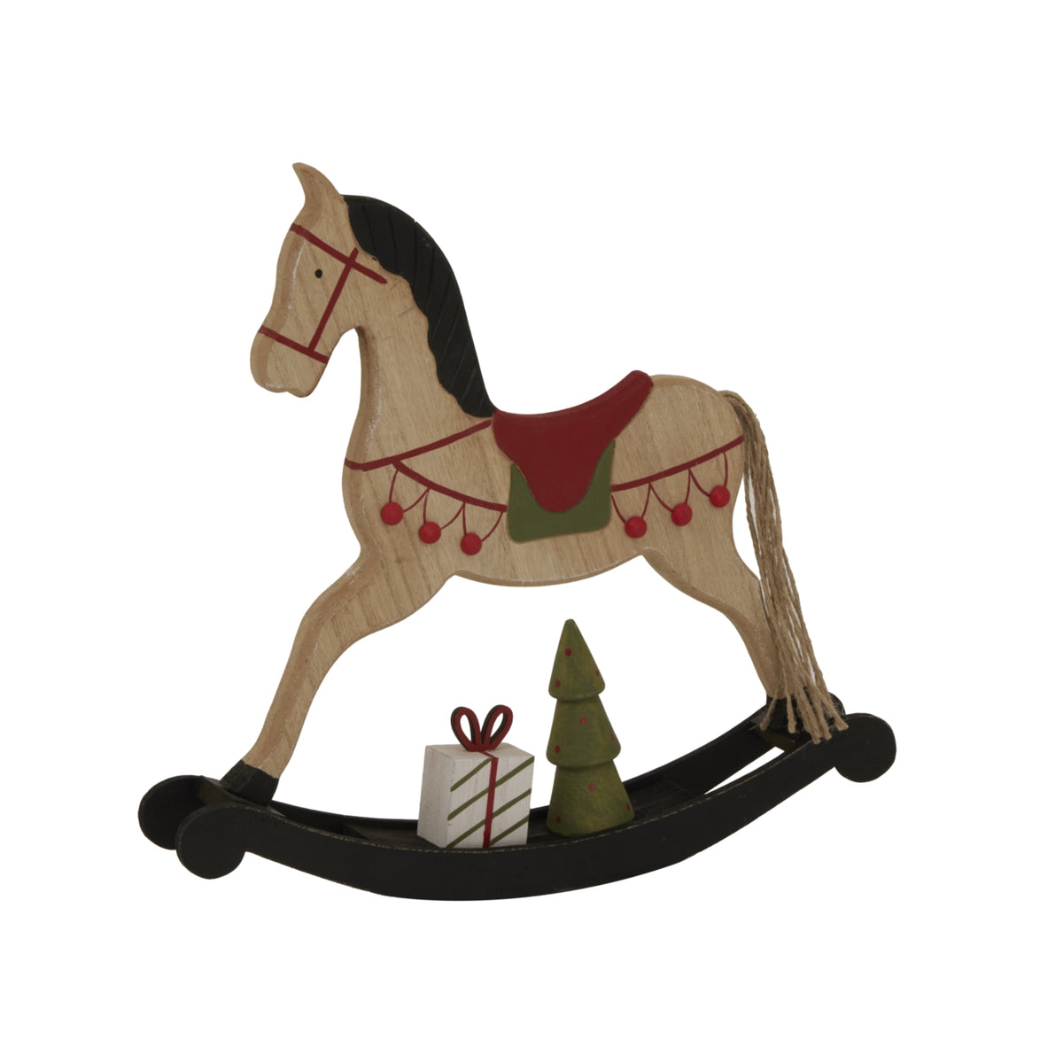 Wooden Rocking Horse Christmas decoration with gift and tree for festive room decor