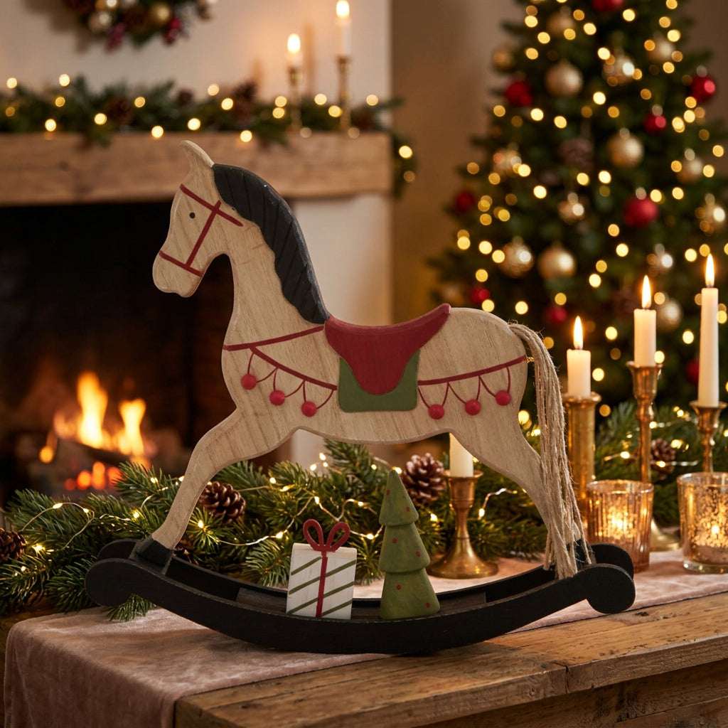 Decorative Rocking Horse Christmas room decoration amidst candles and festive greenery