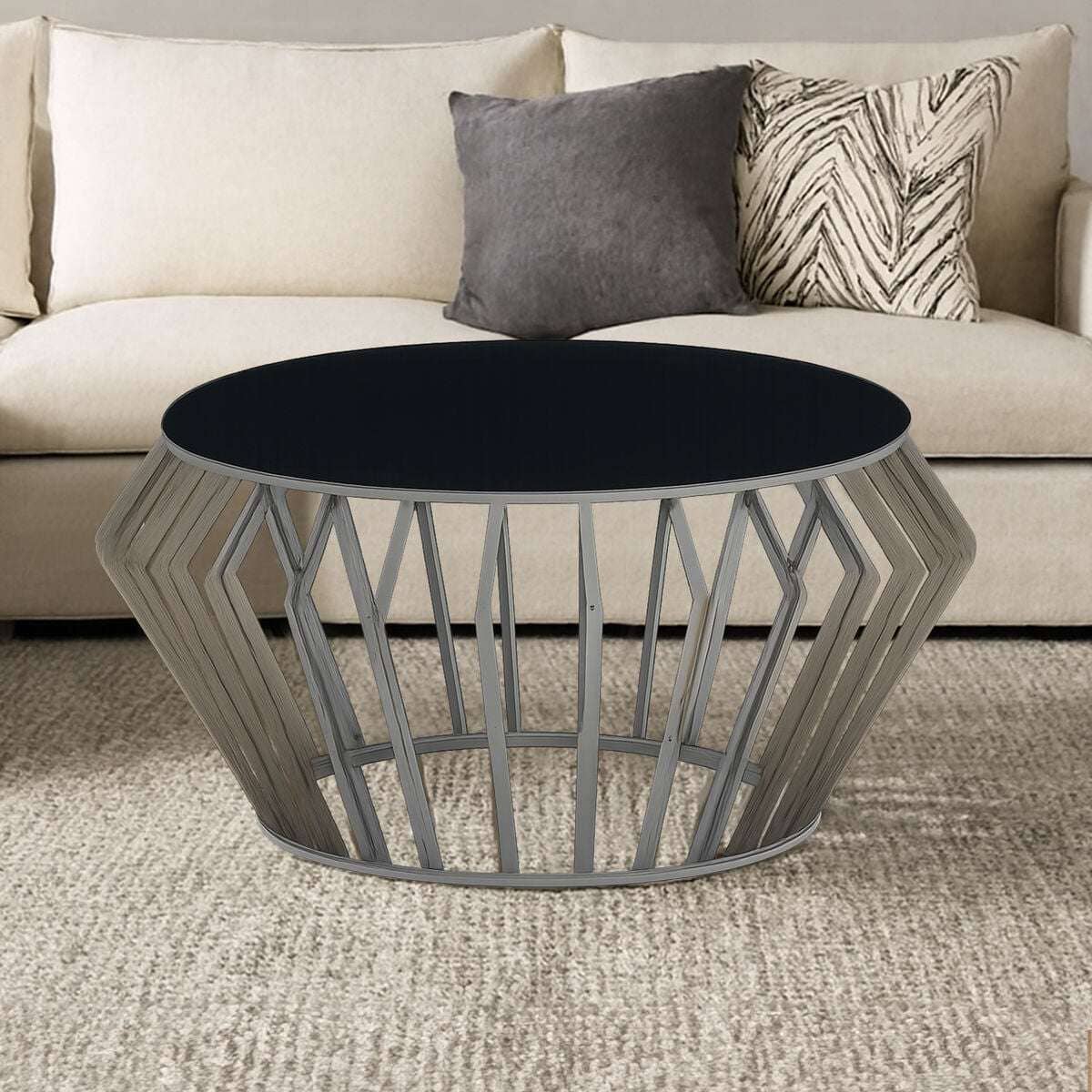 Ackley Silver Round Coffee Table with Black Glass Orsina