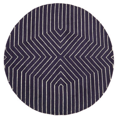 Orsina Round Rug in navy with geometric white line pattern for modern home decor