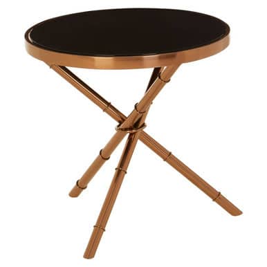 Alvaro Round Side Table With Rose Gold Legs And Black Glass Top Orsina