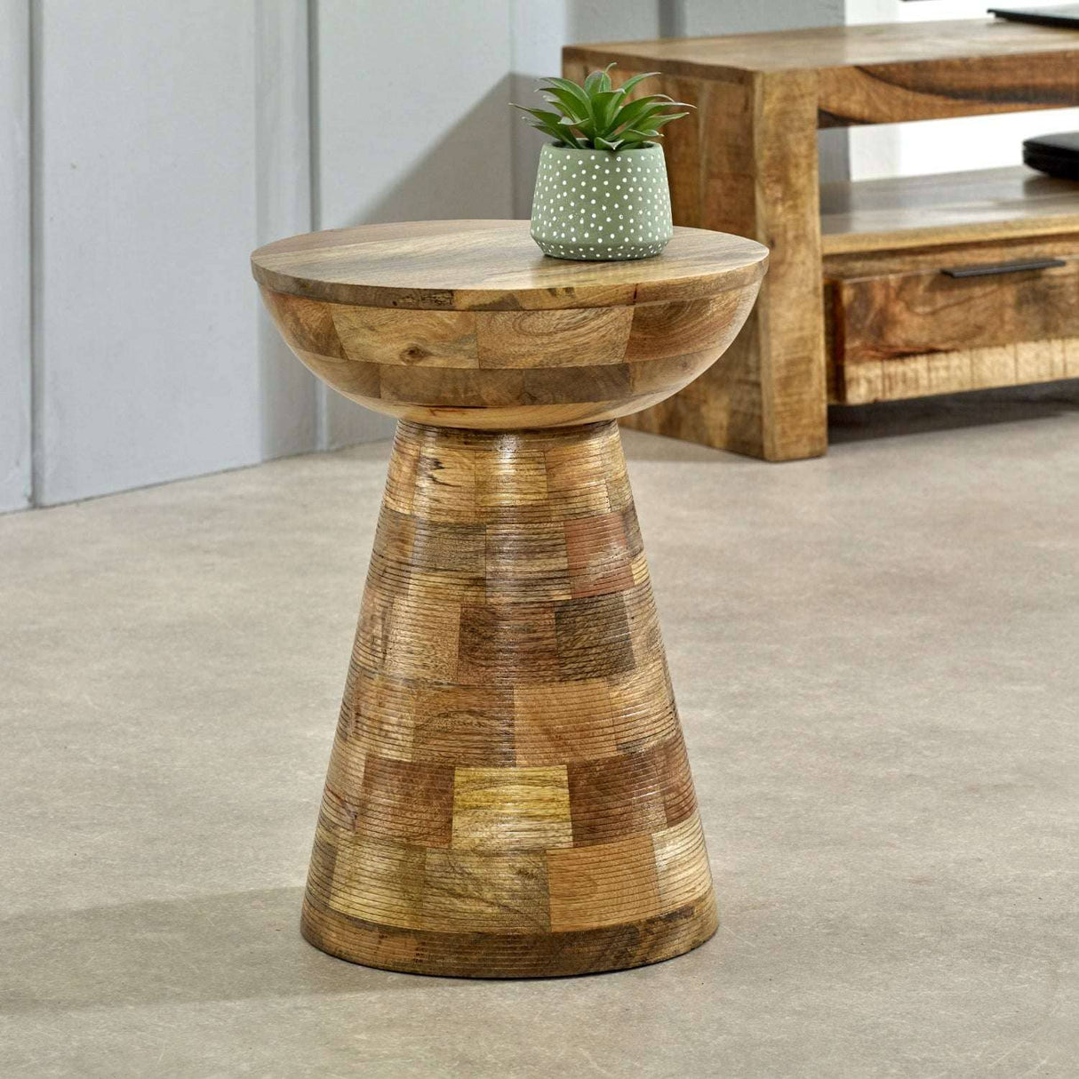 Merlin Mango Wooden Round Side Table Mushroom Style Verty Furniture