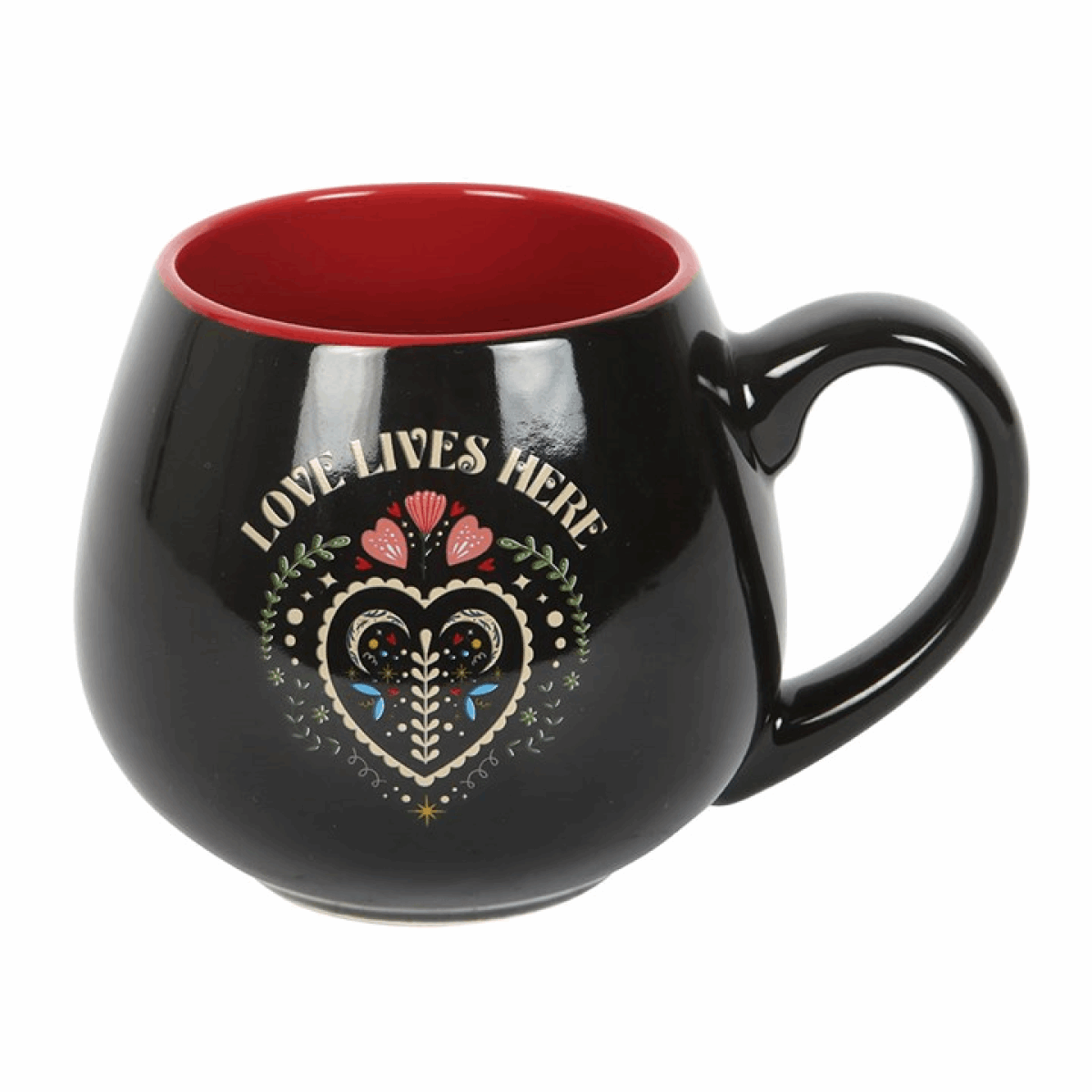 Black Rounded Mug with a red interior featuring 'Love Lives Here' design and decorative heart pattern
