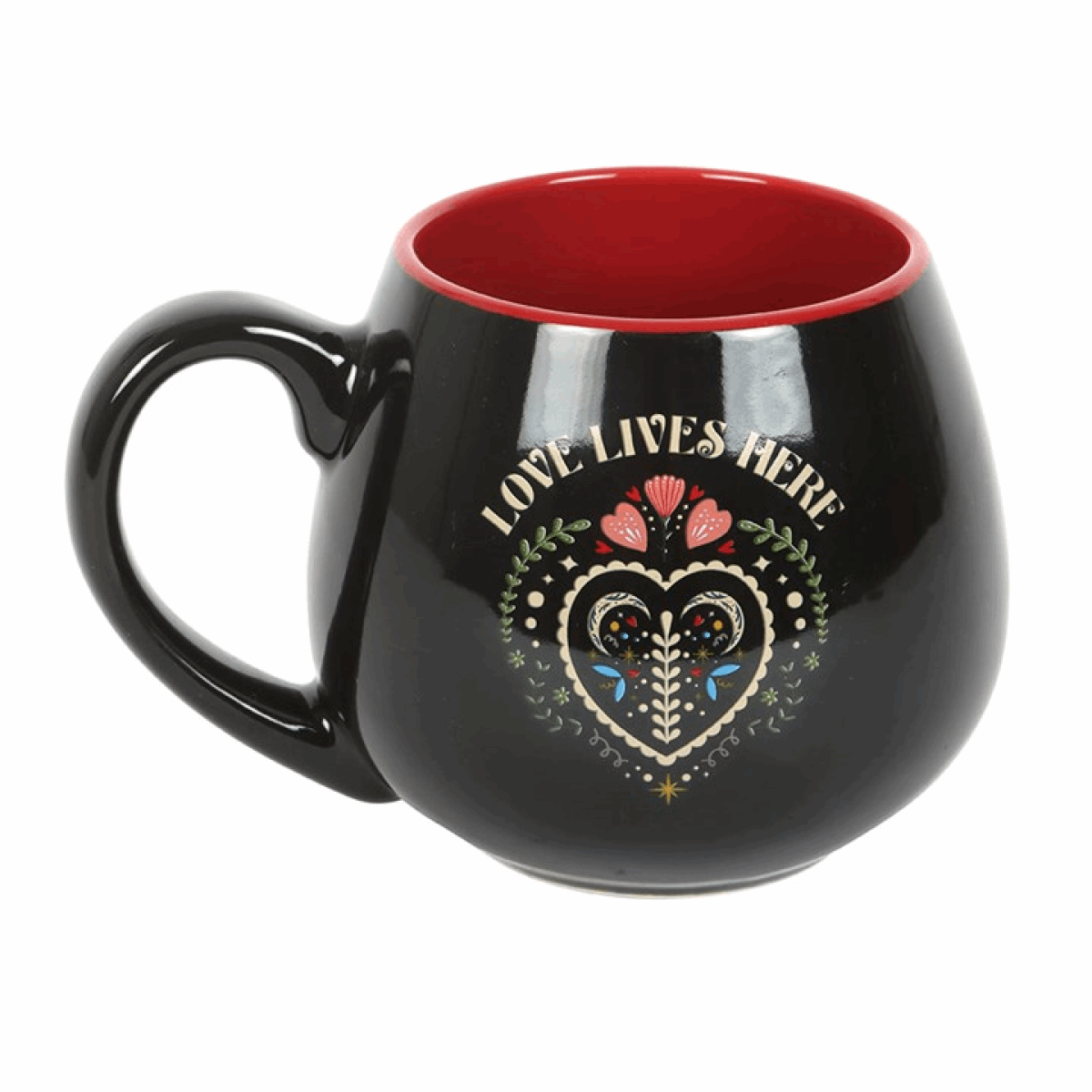 Black Rounded Mug with Red Interior and Heart Design featuring the phrase Love Lives Here