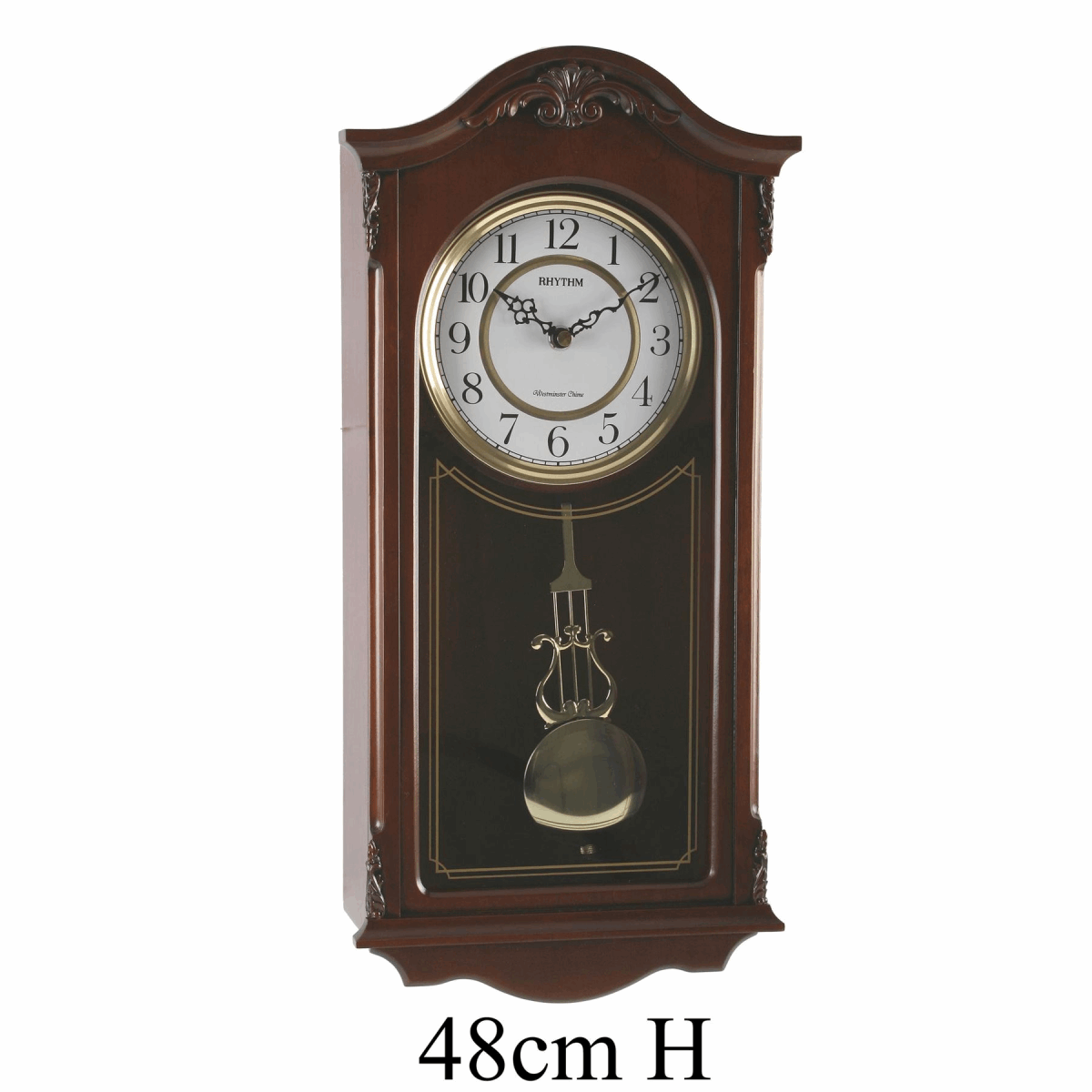 Elegant Widdop Wall Clock with decorative wooden frame and pendulum measuring 48cm in height