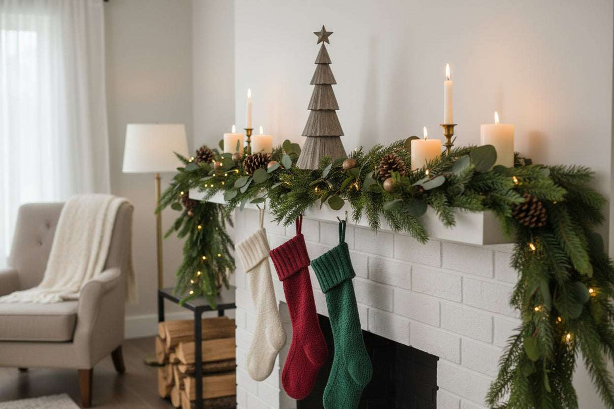 Rustic Bough Tree decoration on a mantel with candles and festive stockings for Christmas room decor