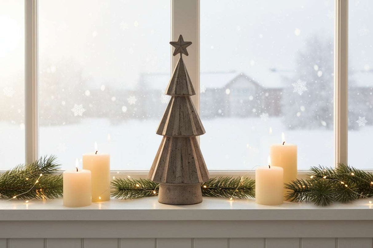 Rustic Bough Tree decoration on a windowsill with candles and snowy landscape background