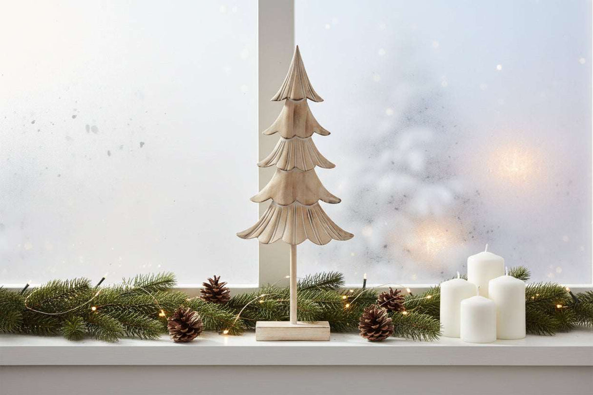 Rustic Fir Tree Decoration on Windowsill with Candles and Pinecones for Festive Christmas Room Decor