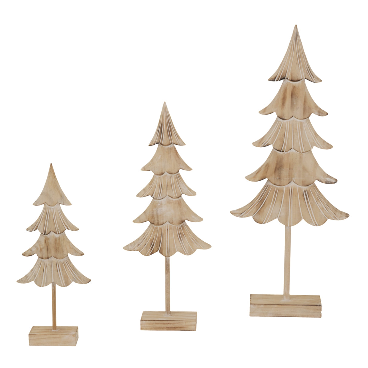 Set of three Rustic Fir Trees in natural wood finish for festive Christmas room decorations