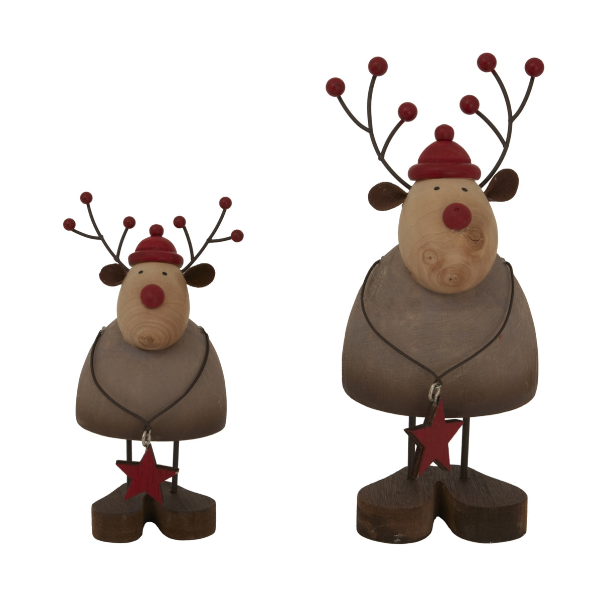 Two Rustic Reindeer Figurines with Antlers and Red Hats for Festive Christmas Room Decorations