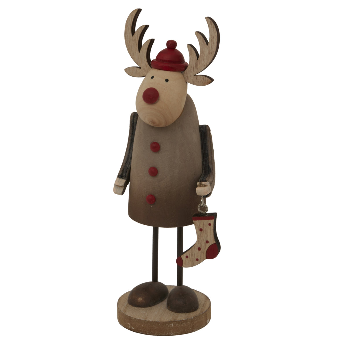 Rustic Rudolf wooden Christmas decoration with a red hat and dangling present for festive home decor