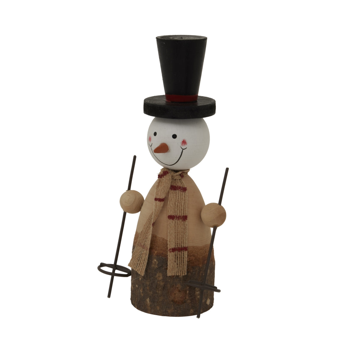 Rustic Snowman decoration with a black hat and wooden body, perfect for Christmas room decor