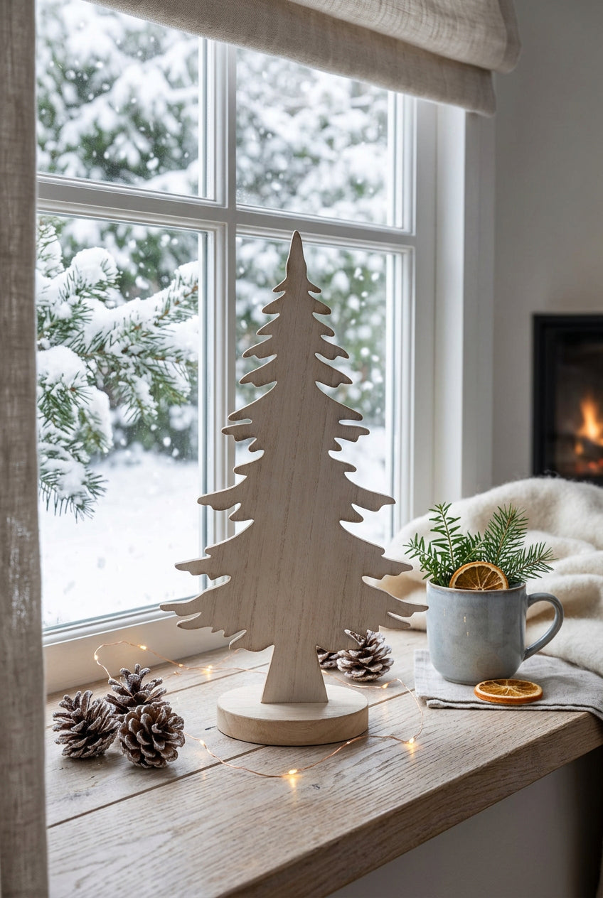 Rustic Tree decoration on a window sill with snowy backdrop and warm festive atmosphere