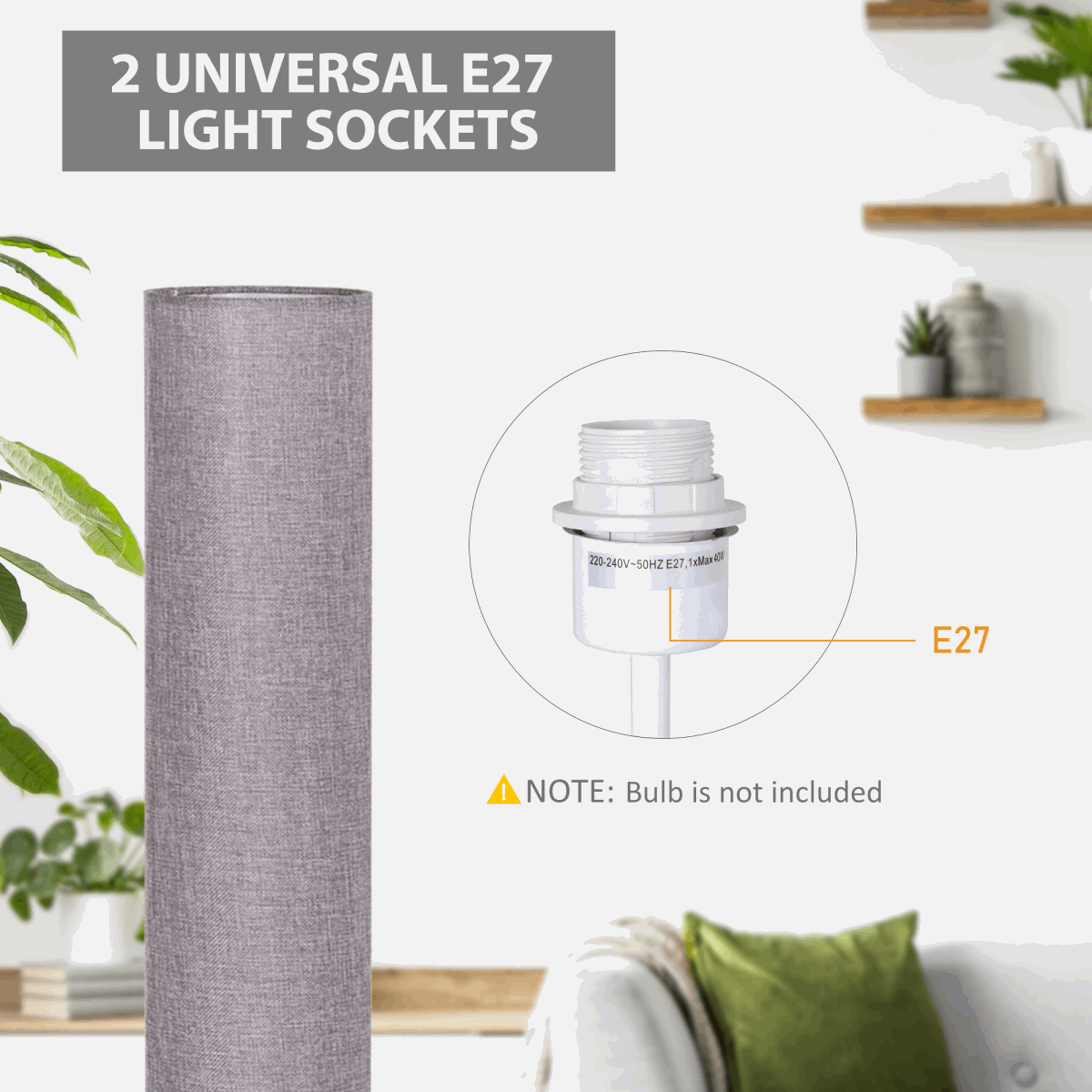 120H cm Wooden Base Floor Lamp With Linen Fabric-Grey HOMCOM