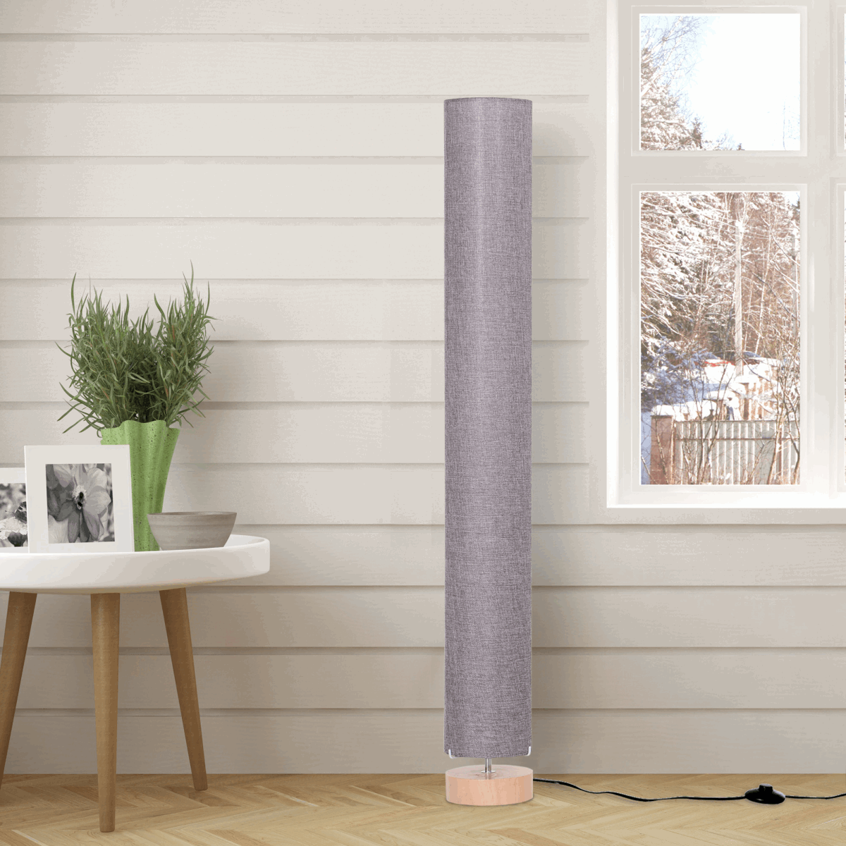 120H cm Wooden Base Floor Lamp With Linen Fabric-Grey HOMCOM