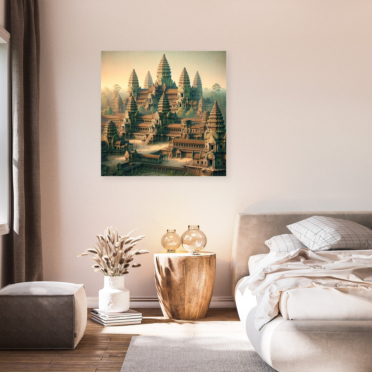 Elegant wall art canvas depicting a serene temple landscape in soft colours for home decor