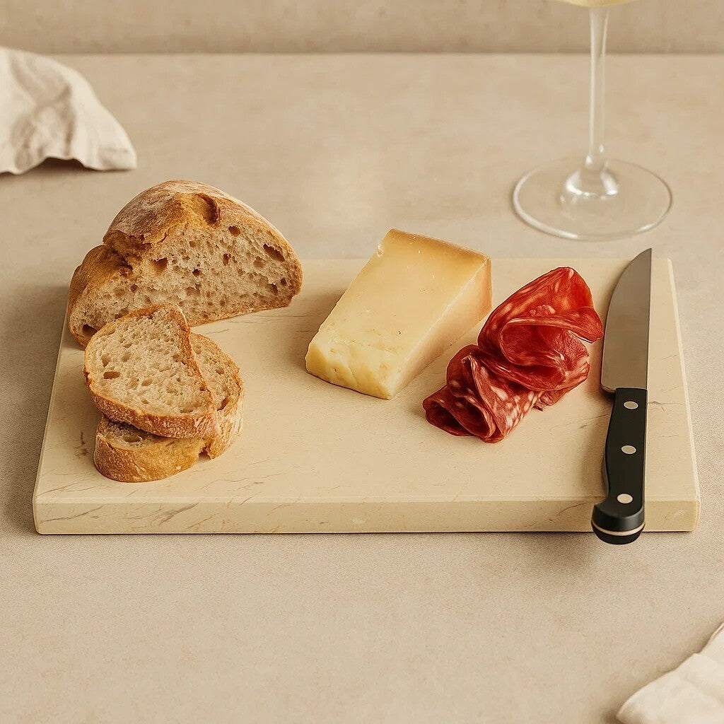 Orsina Serving Board with slices of bread, cheese, cured meat, and a knife for elegant dining