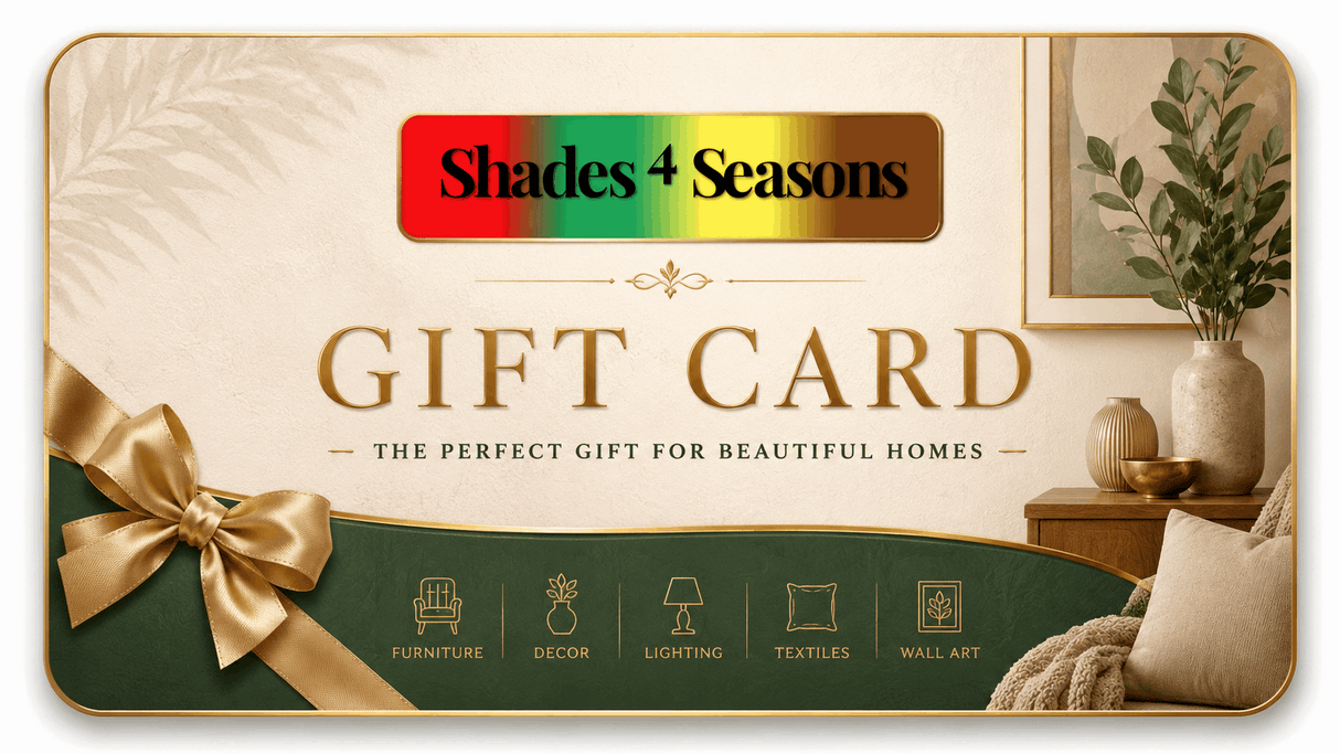 Shades 4 Seasons Gift Card with a gold bow, ideal for home decor and furnishings