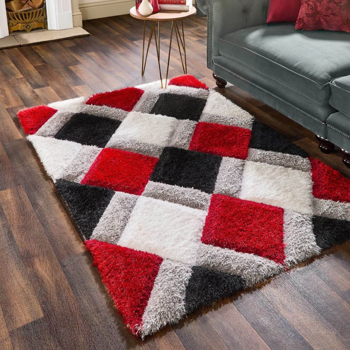 Stylish Shaggy Rug in Red, Black, and White Geometric Pattern for Modern Living Spaces
