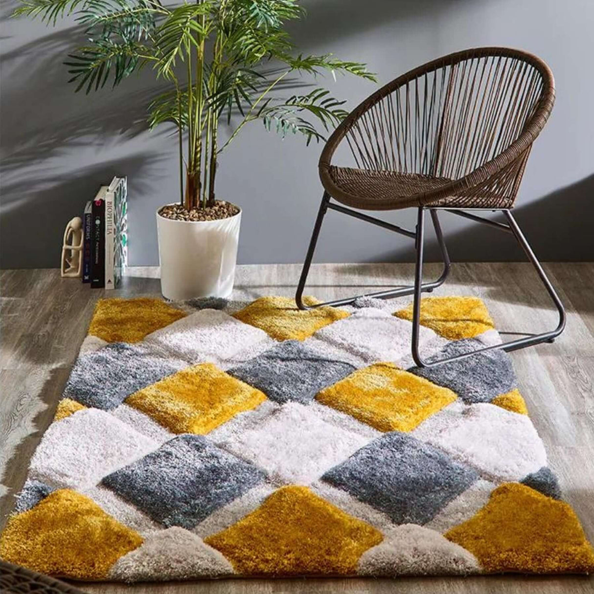 Stylish Shaggy Rug with Geometric Pattern in Yellow, Grey, and White for Modern Home Decor
