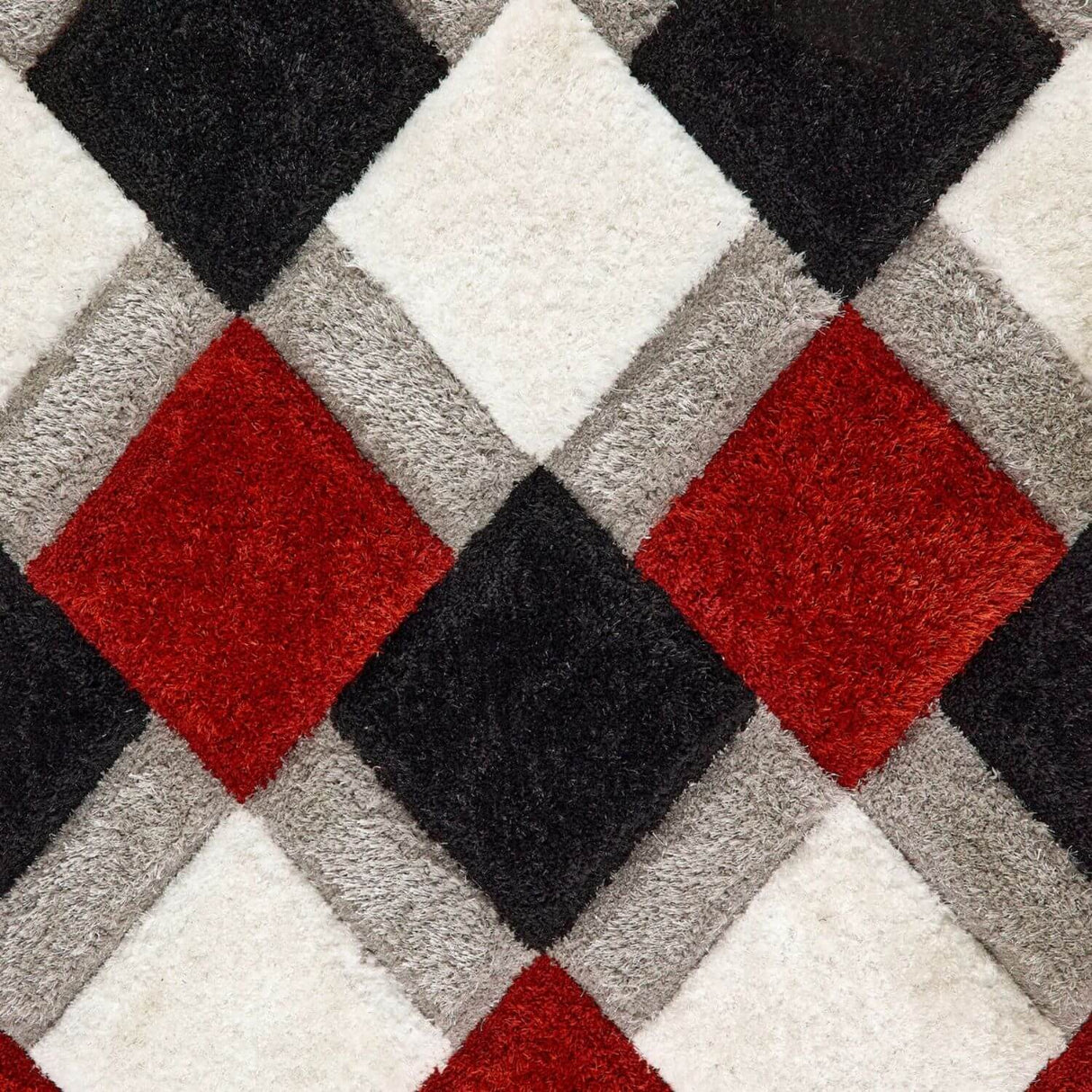 Decorative Shaggy Rug with Red, Black, and Grey Diamond Pattern for Stylish Living Spaces