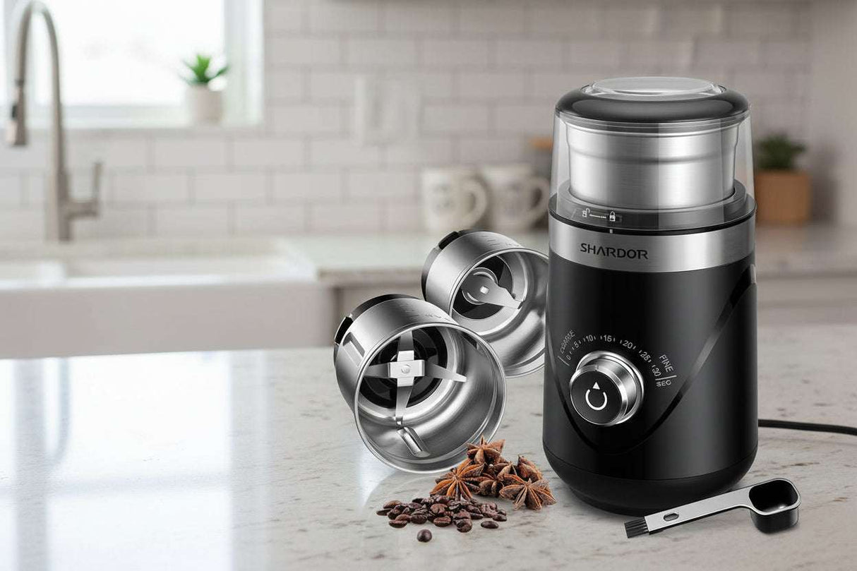 Sharder Coffee Grinder with stainless steel blades and dual grinding bowls for fresh coffee