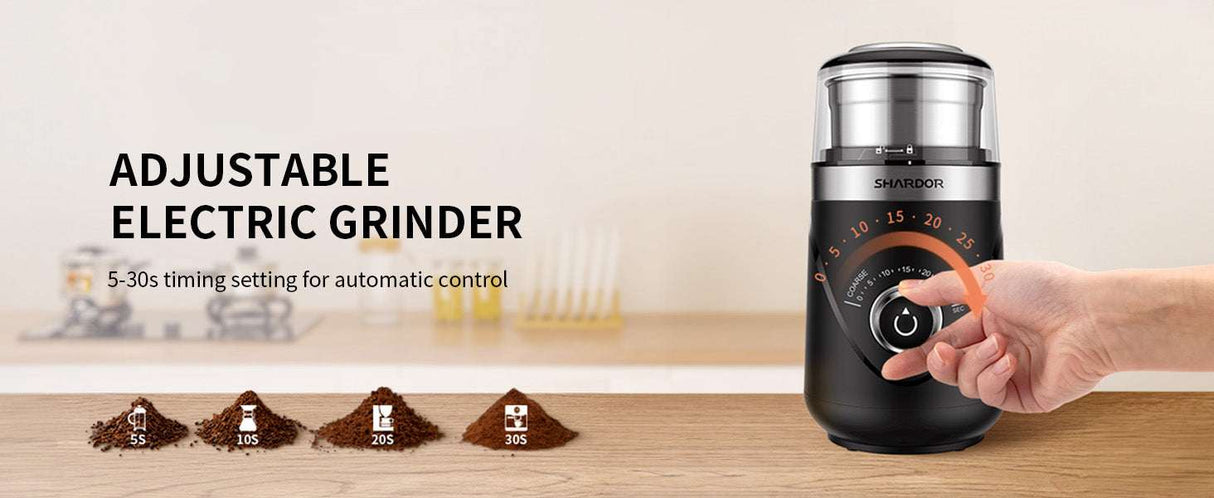 Adjustable electric coffee grinder with 5-30s timing setting for precise grinding control