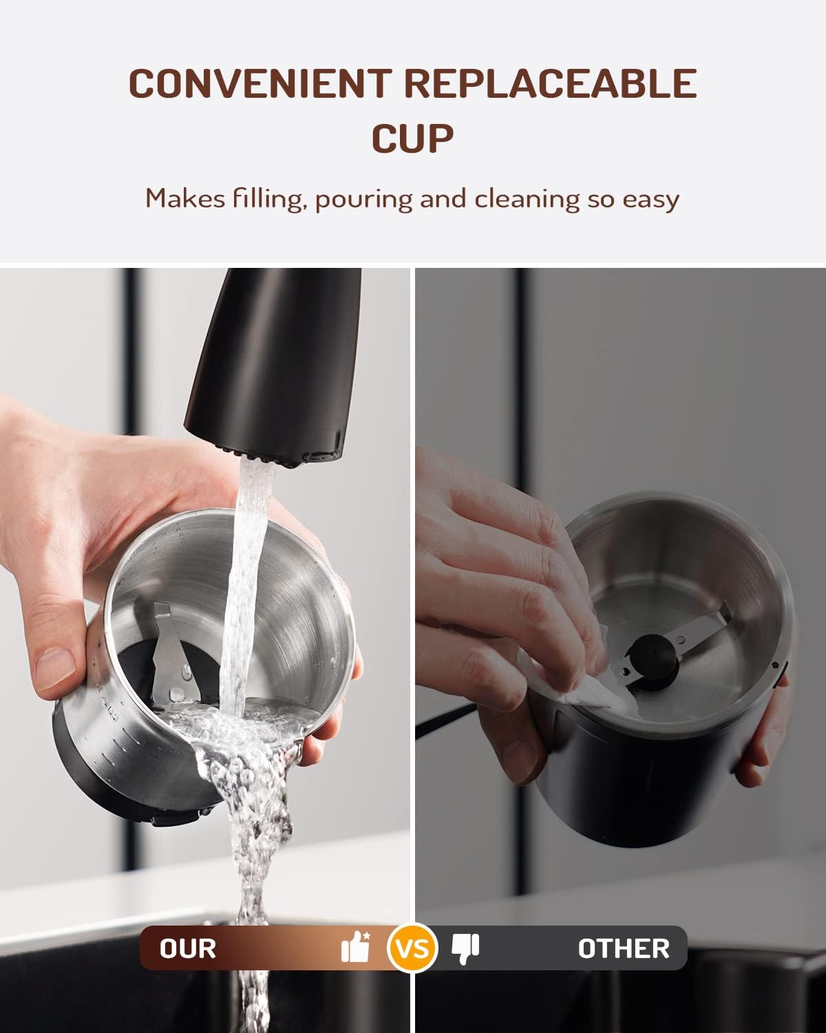 Coffee Grinder with a convenient replaceable cup for easy filling, pouring, and cleaning