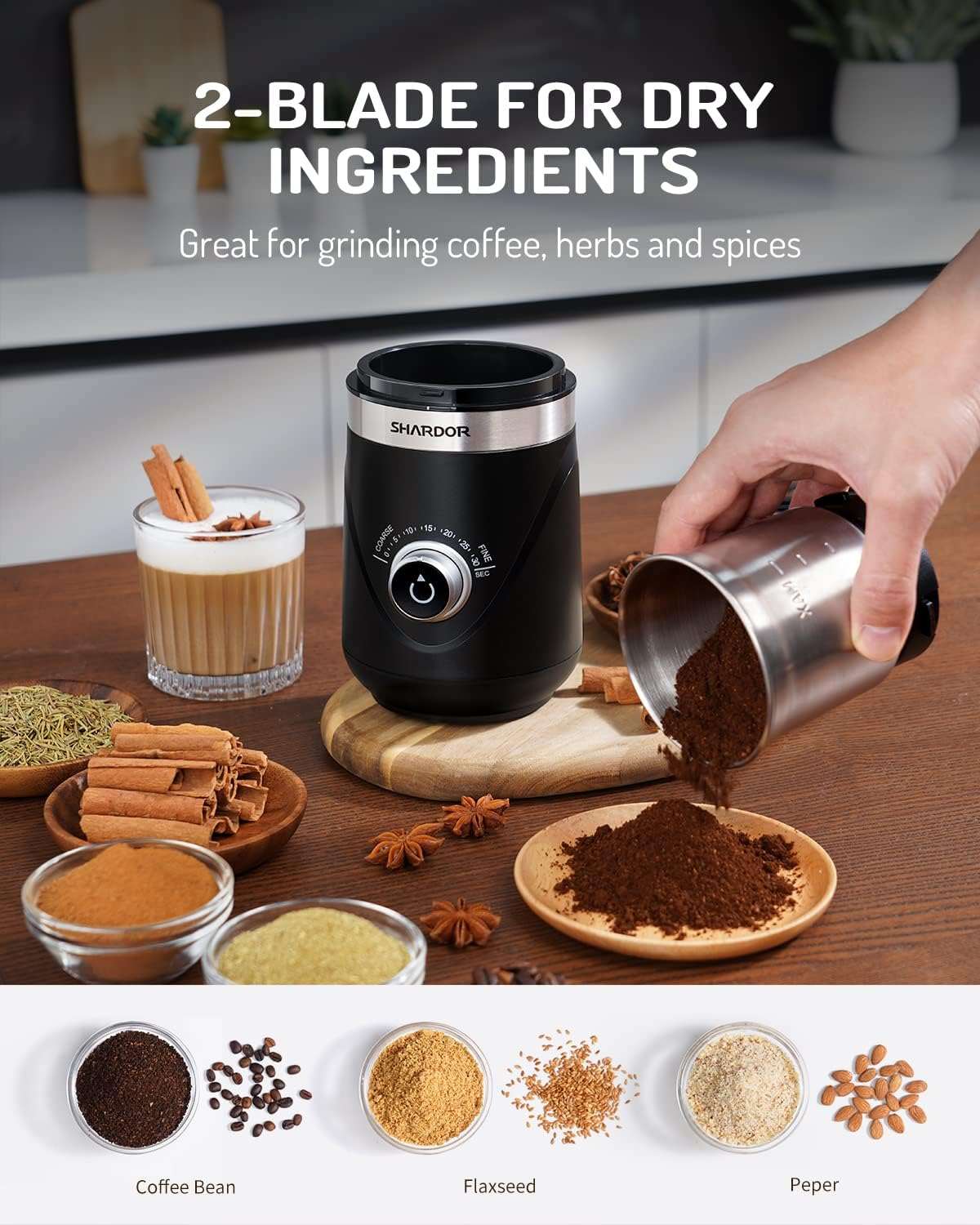 Shardor Coffee Grinder featuring a 2-blade design for grinding coffee, herbs, and spices