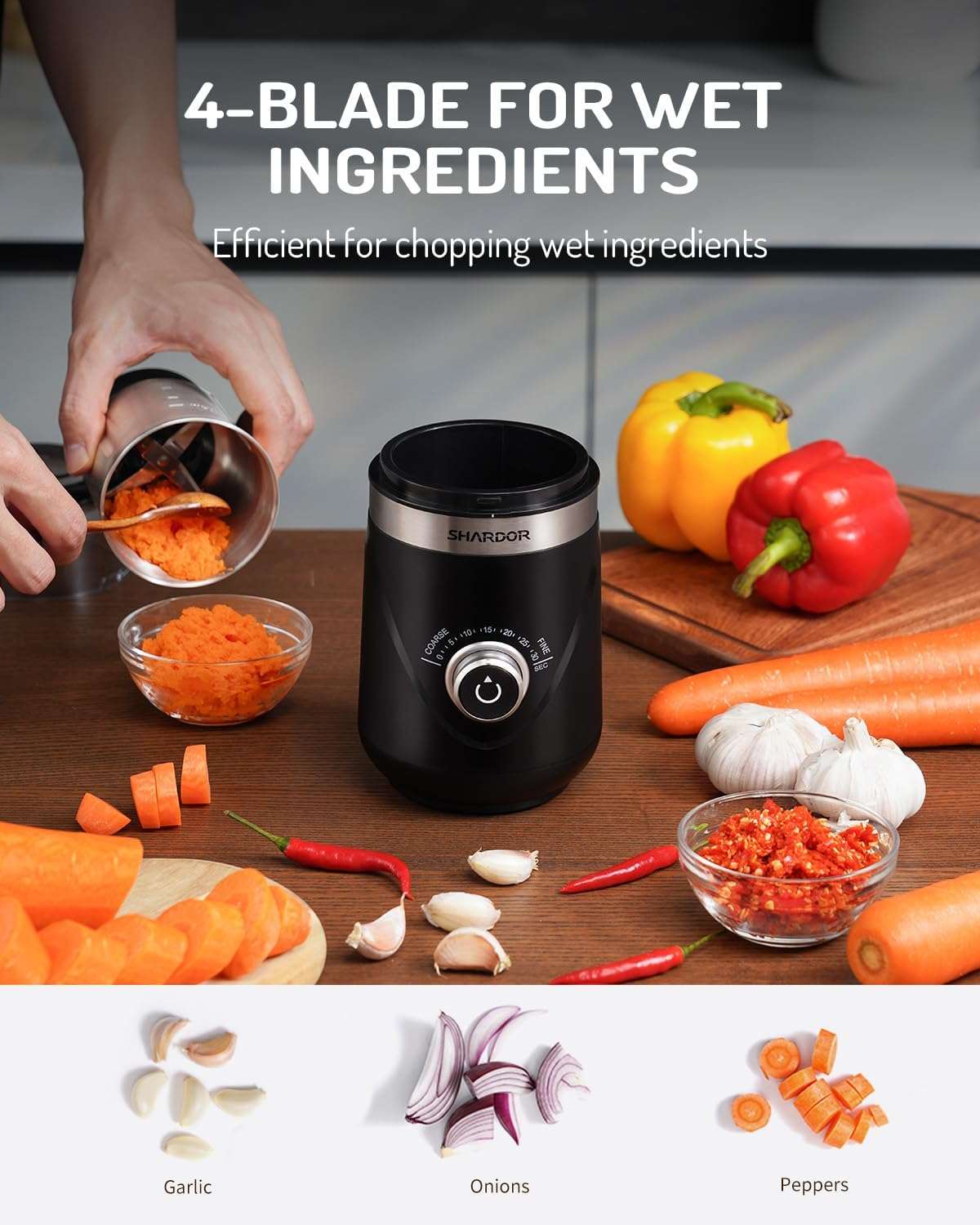 Coffee grinder with 4 blades for wet ingredients, perfect for chopping garlic, onions, and peppers
