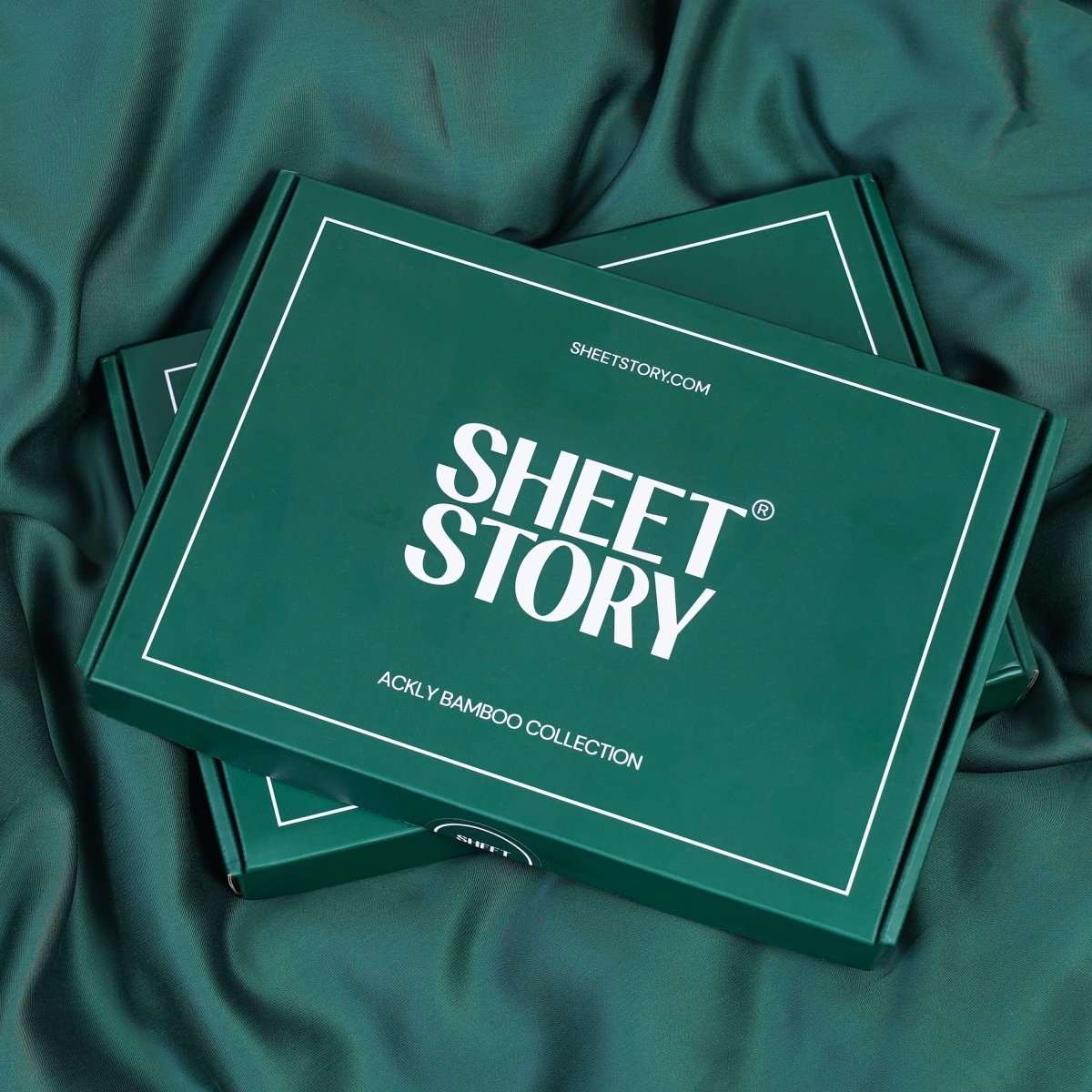 SHEET STORY Duvet Cover Set packaging featuring the Ackly Bamboo Collection boxes in green