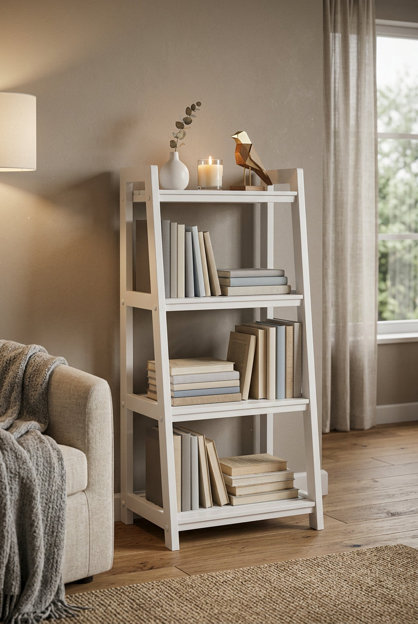 Orsina Shelf Unit in White with Four Spacious Shelves for Organising Books and Decorative Items