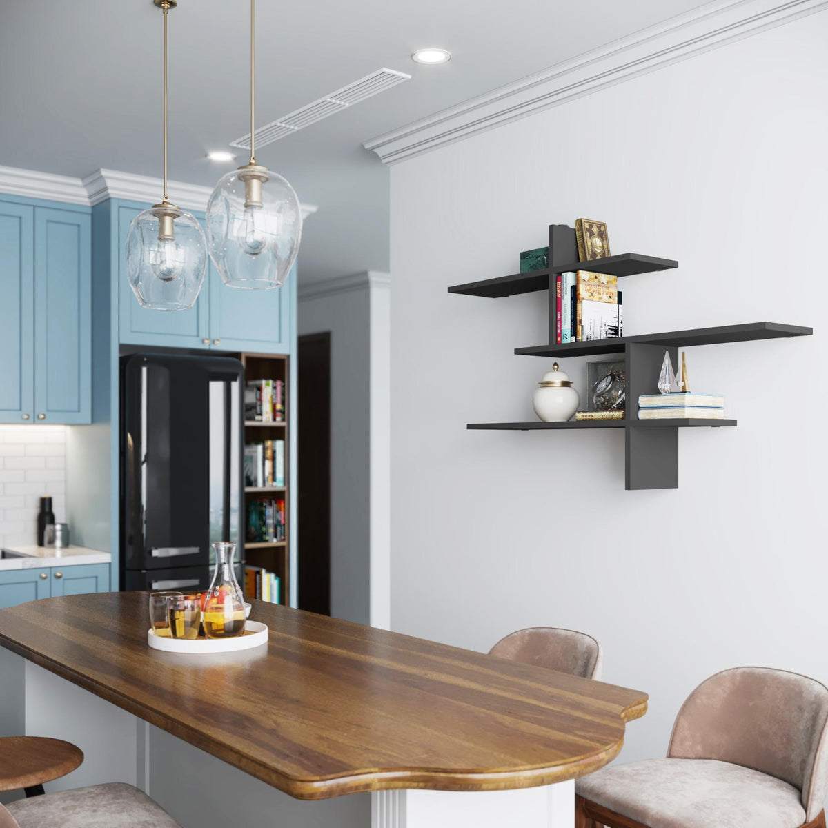 Decortie Floating Shelf in black displayed above a wooden kitchen table with decorative items