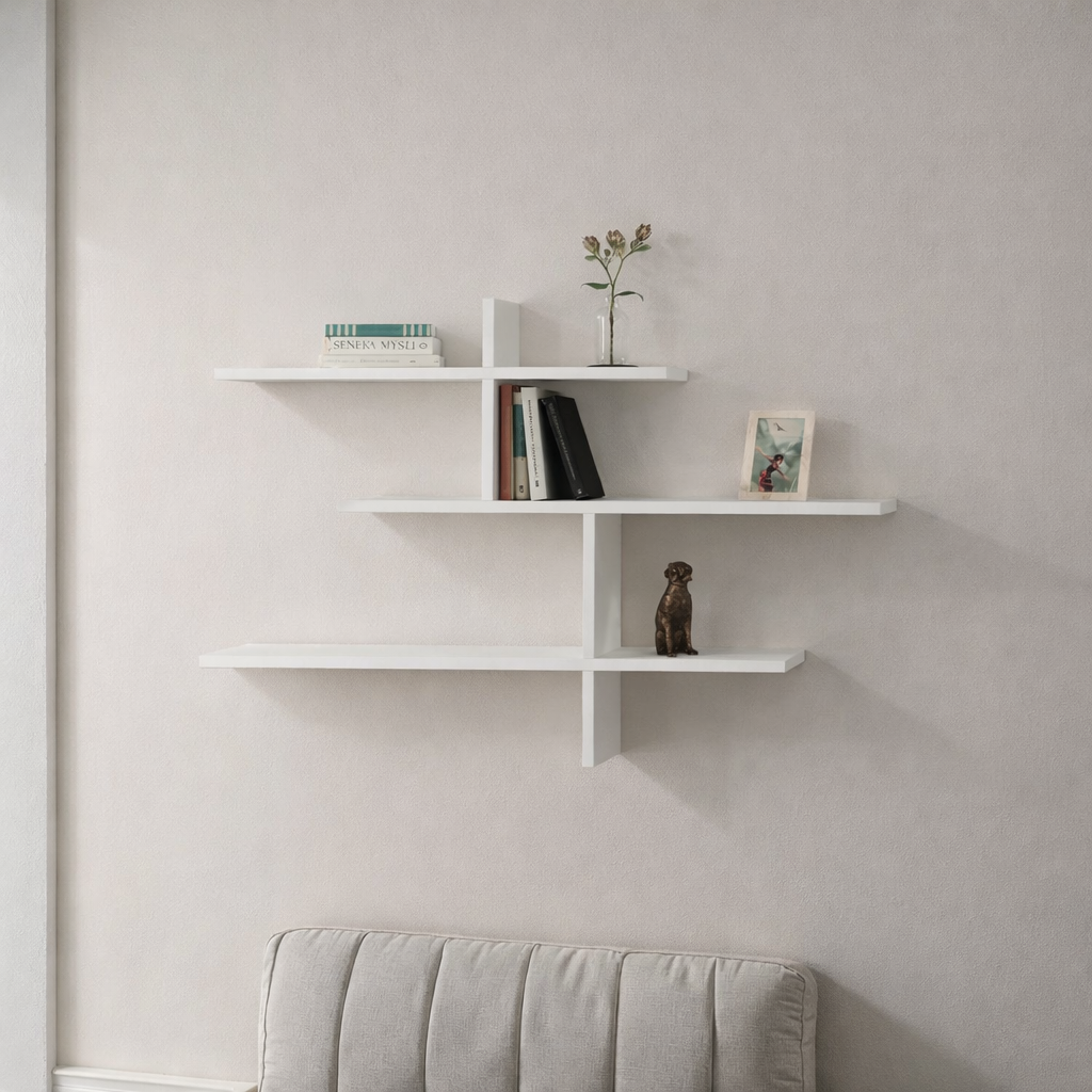 Decortie Floating Shelf in white with multiple tiers for books and decorative items