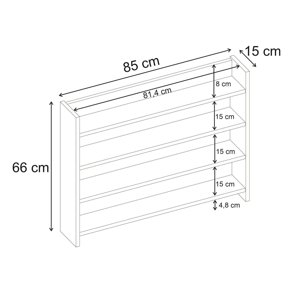 Decortie Wall Shelf with four tiers measuring 85 cm width and 66 cm height, perfect for display and storage