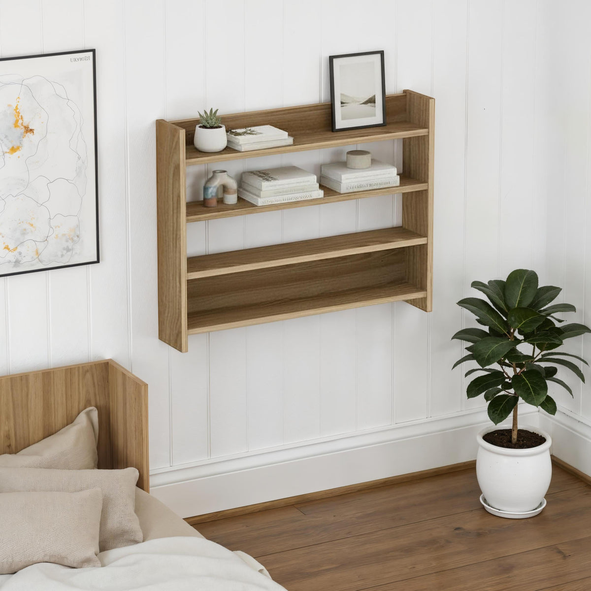 Decortie Wall Shelf in Natural Wood Finish with Display Ledges for Home Decor and Organisation