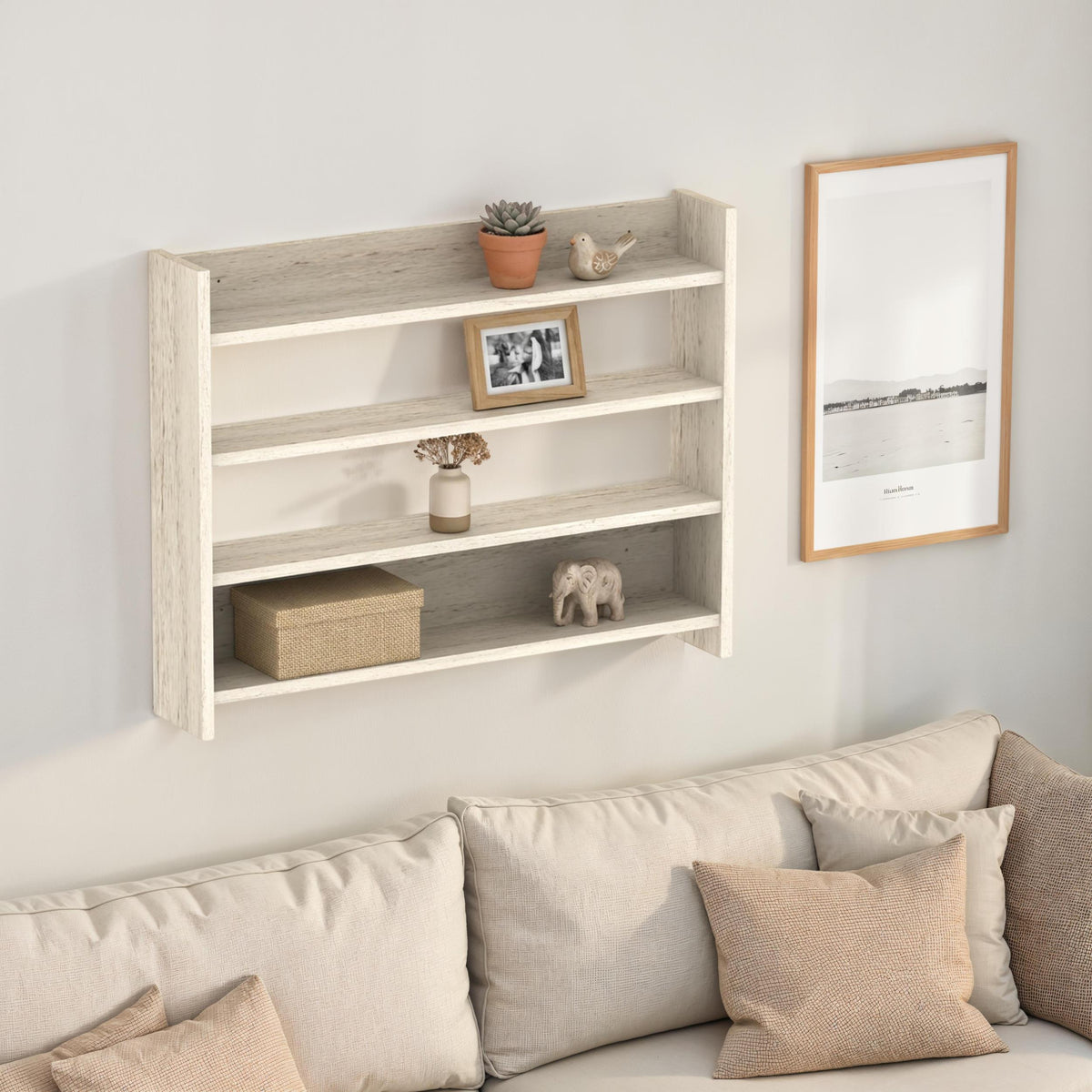 Decortie wall shelf with three shelves and decorative items, perfect for modern home decor