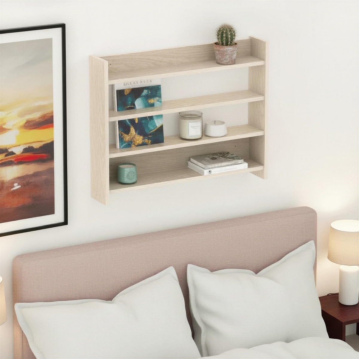 Decortie Wall Shelf in light wood finish with three spacious levels for decorative items