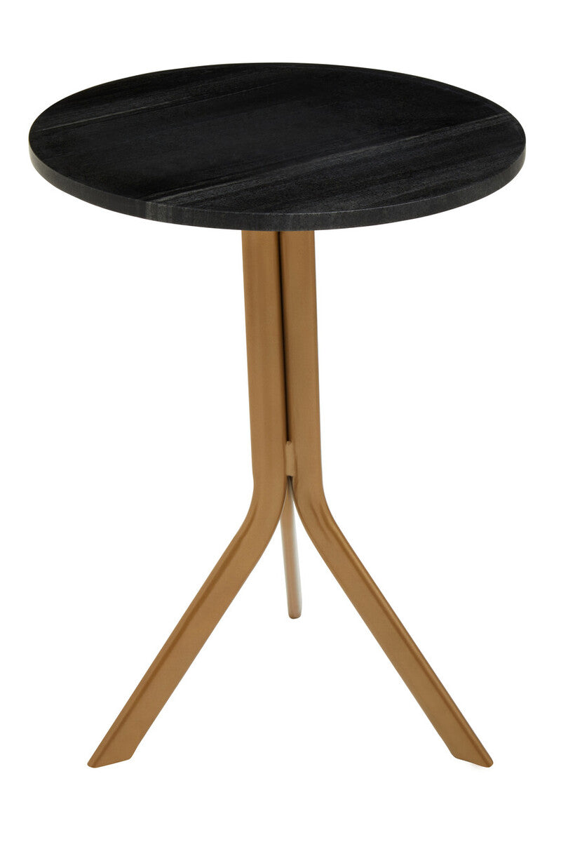 Orsina Side Table with a round black wooden top and elegant gold tripod base