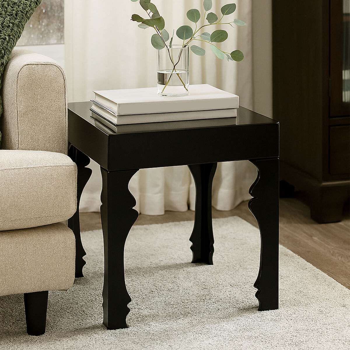 Orsina Elegant Black Side Table with Curved Legs, Perfect for Living Room Decor