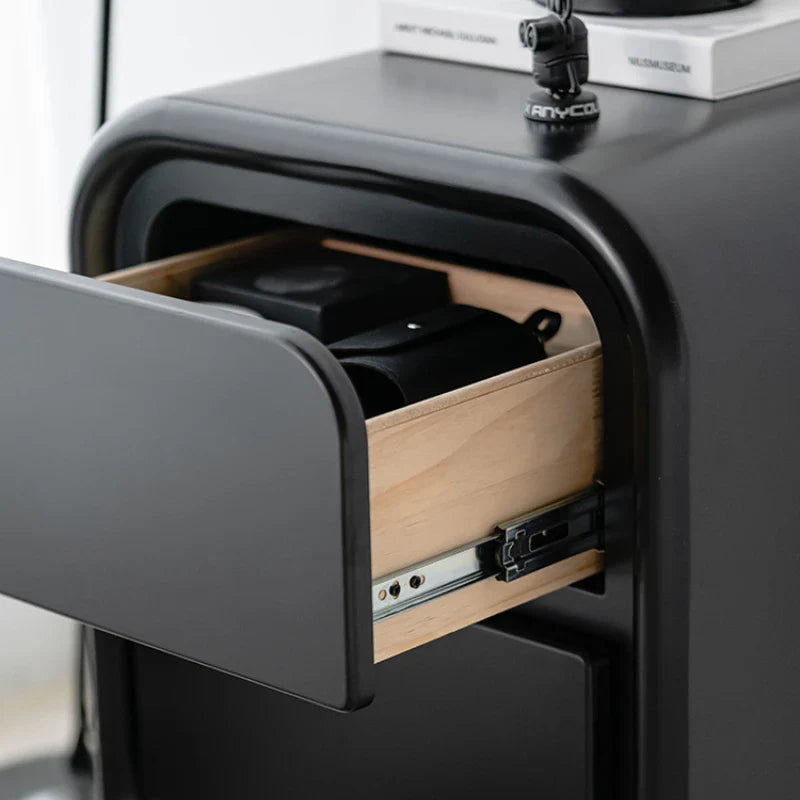 Nisu Home Side Table with a sleek black design and a wooden drawer for storage