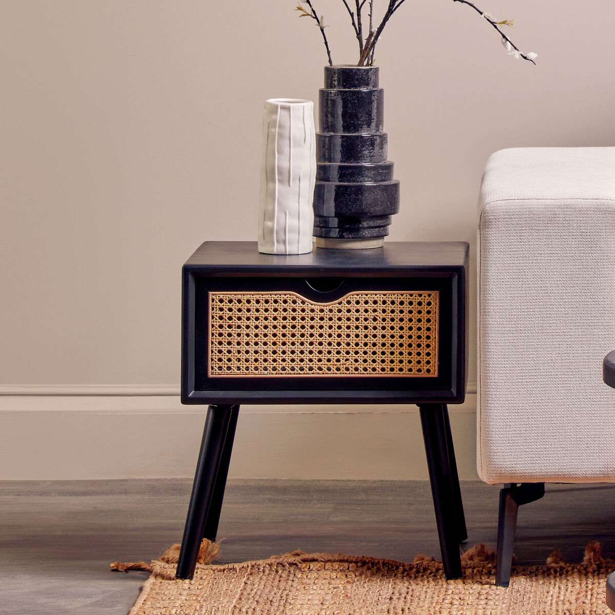 Orsina Side Table with Rattan Drawer and Modern Design for Bedroom or Living Room Decor